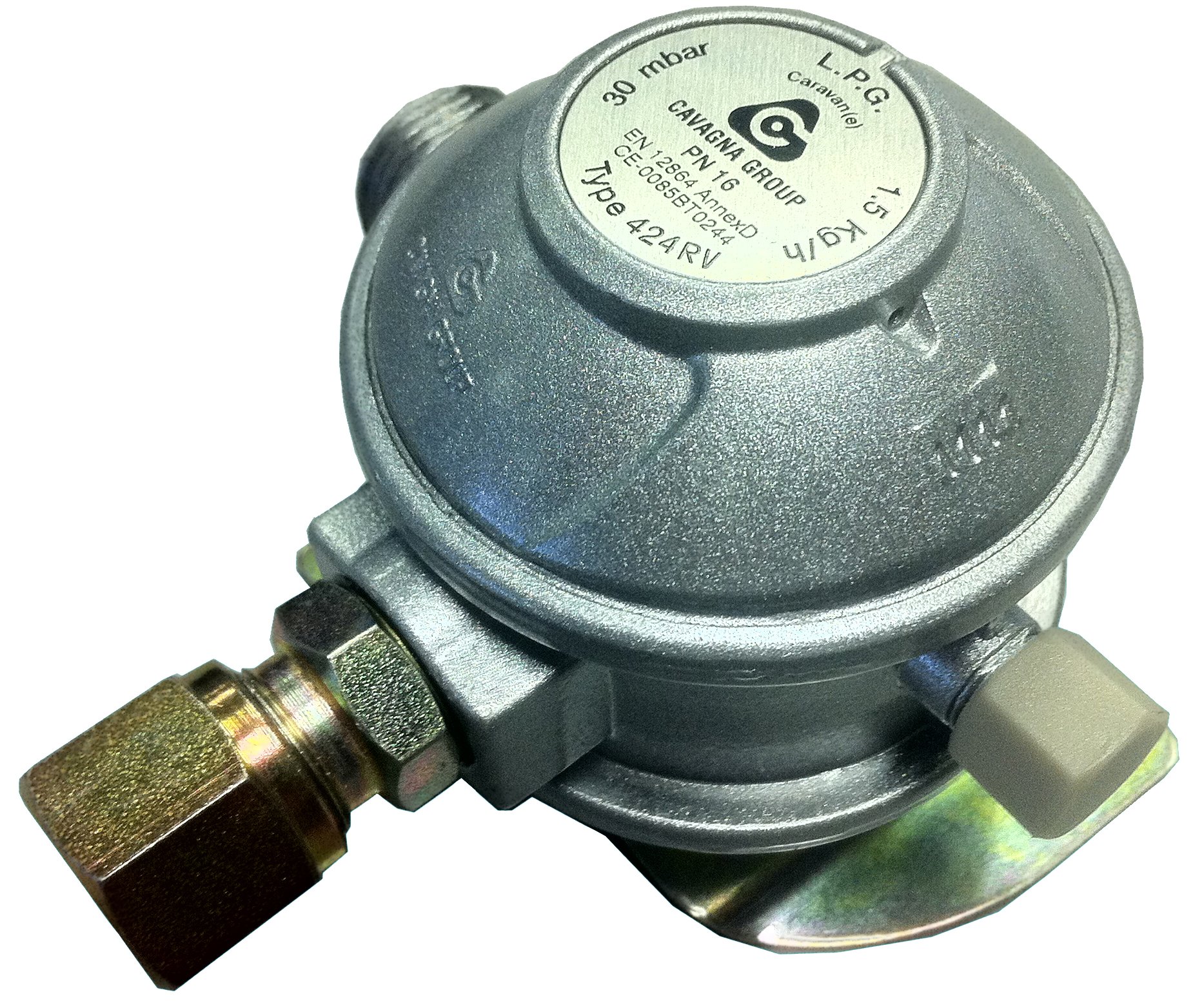 Cavagna Fester Gasregler für Wohnwagen und Wohnmobil, abgewinkelt, 90° – 10 mm Auslass Cavagna Fester Gasregler für Wohnwagen und Wohnmobil, abgewinkelt, 90° – 10 mm Auslass von Cavagna