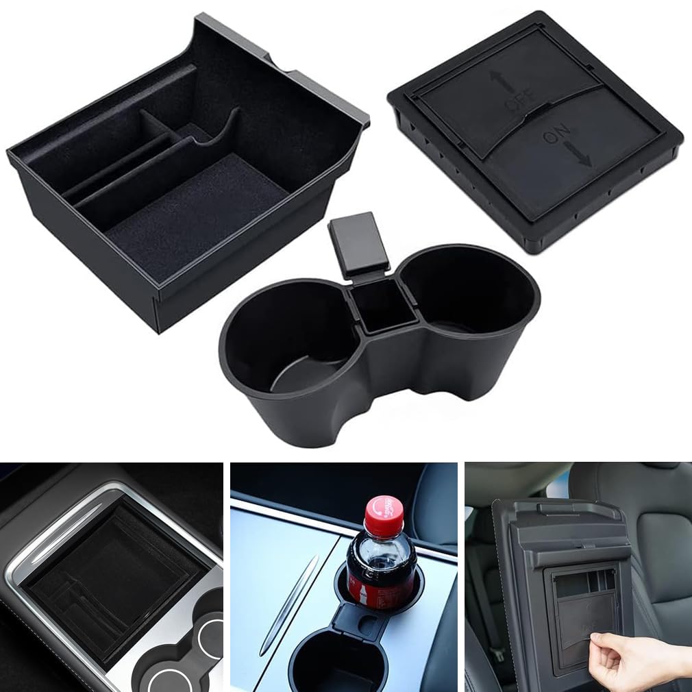 Tesla Model 3 Model Y Zubehör 3 Stück,1 Mittelkonsole Organizer,1 Auto Getränkehalter becherhalter,1 Armlehne Aufbewahrungsbox,Tesla geheimfach 2023 2022 2021 Accessories,Geschenke für Tesla Fahrer von YISIZES