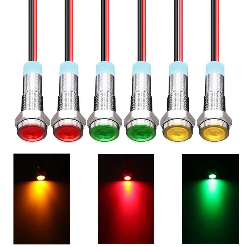 Cerioll LED Metall Kontrollleuchte, LED Metall Anzeigelampe, 6mm LED Kontrollleuchte, 6 Stück Metall Kontrollleuchte mit Draht, Wasserdichte Signallampe, 110V-220V (Rot Gelb Grün je 2 Stück) von Cerioll