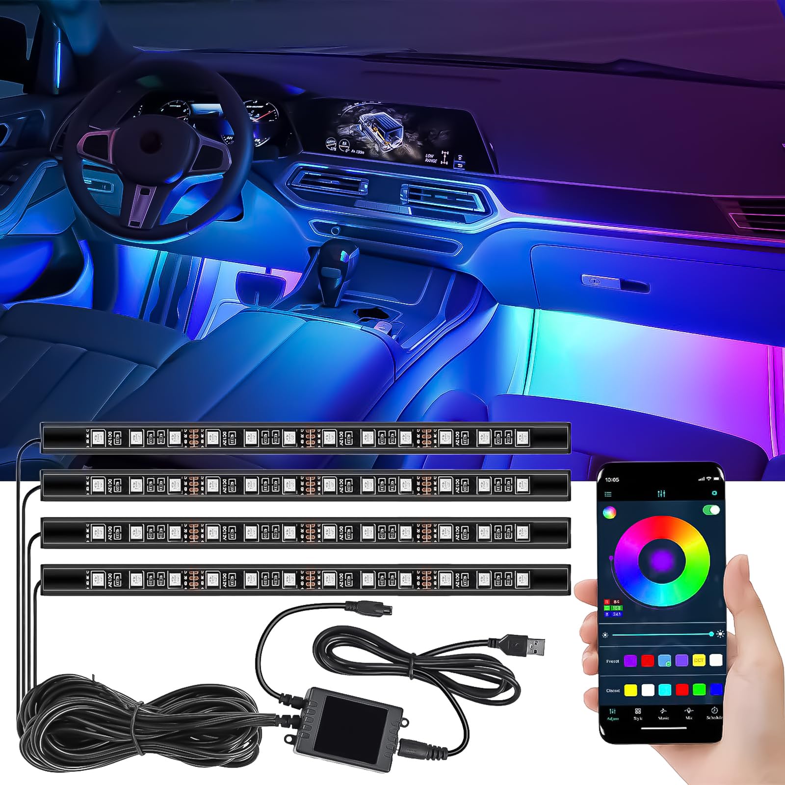 LED Innenbeleuchtung Auto, 4 Stück 48 LEDs Led Atmosphäre Licht, 5V RGB Ambientebeleuchtung Auto, USB-Port Lichtleiste mit APP-Steuerung, Mehrfarbig Musik Innenraumbeleuchtung für Auto LED Innenbeleuchtung Auto, 4 Stück 48 LEDs Led Atmosphäre Licht, 5V RGB Ambientebeleuchtung Auto, USB-Port Lichtleiste mit APP-Steuerung, Mehrfarbig Musik Innenraumbeleuchtung für Auto von ChaneeHann