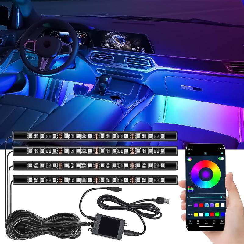 LED Innenbeleuchtung Auto, 4 Stück 48 LEDs Atmosphäre Licht, 5V RGB Ambientebeleuchtung, USB-Port Lichtleiste Mit APP-Steuerung, Mehrfarbig Musik Innenraumbeleuchtung von ChaneeHann