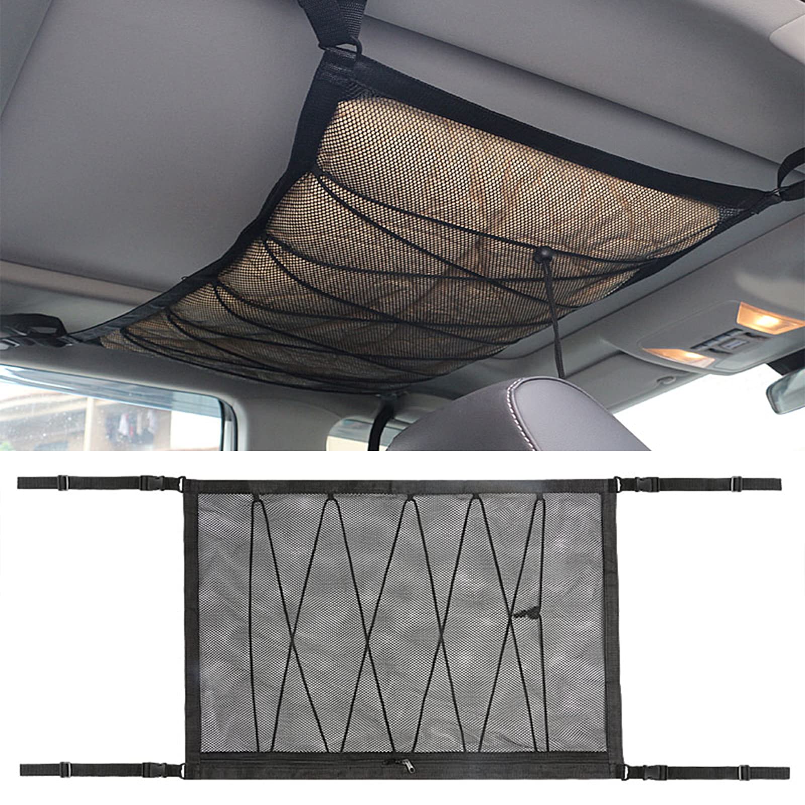 Chedin Auto Gepäcknetz Autodach Aufbewahrung Netz Auto Interieur Universal Netztasche mit Einstellbar Kordelzug Cargo Net zum 4 Dach Armlehnen (90x65cm) von Chedin