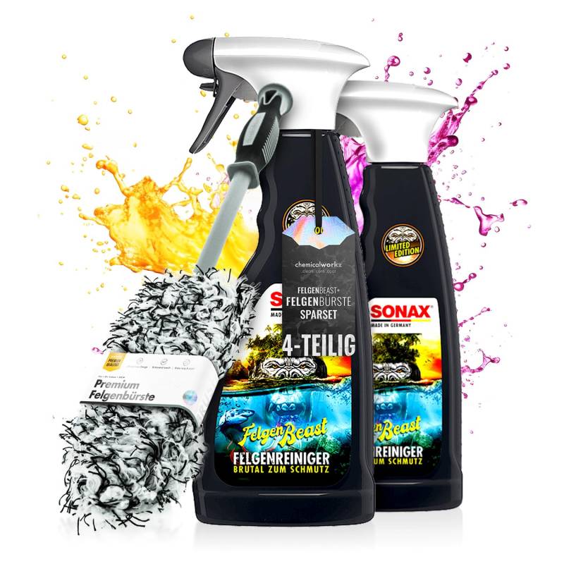 Chemicalworkz® Felgenbürste Flat Wheel Brush + Sonax Felgenbeast Sonderedition (2x500ml) Mikrofaser Felgen Bürste + Felgenreiniger Set - Reinigung Aller Felgen - Alufelgen, Auto Felgenreiniger Bürste von Chemicalworkz