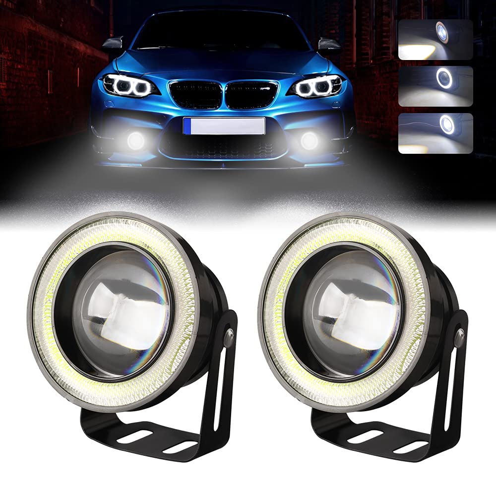 Chemini 2 x 3,5 LED-Nebelscheinwerfer, 12 V, 10 W, 6000 K, Tagfahrlicht mit weißem Angel Eye, Ersatz für Auto-Nebelscheinwerfer, Motorrad-Scheinwerfer, Tagfahrlicht von Chemini