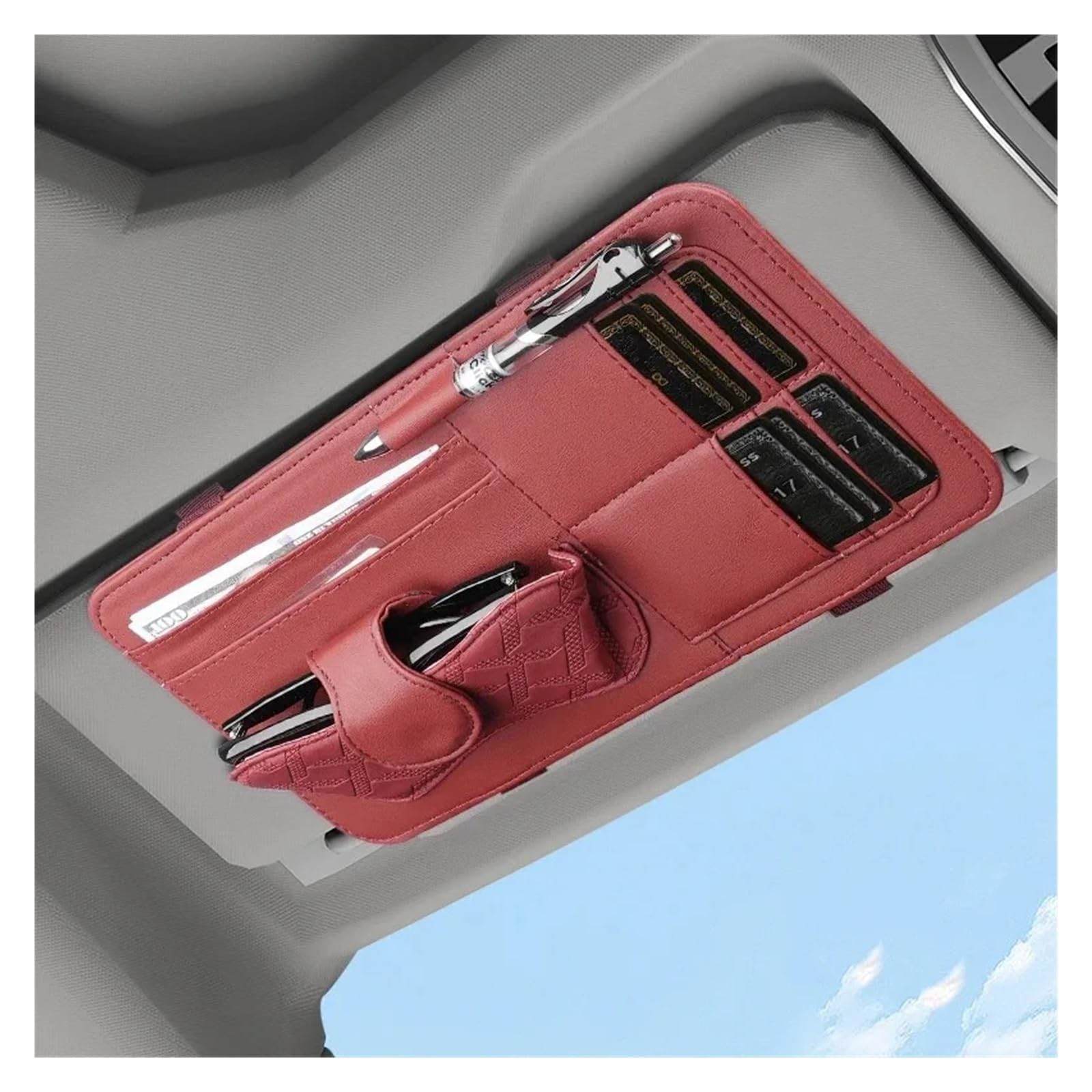 Multifunktionale Auto-Aufbewahrungstasche, Sonnenschutz, Kartenhalter, Sonnenbrillen-Clip, Auto-Brillen-Organizer(Red) von Chenhj