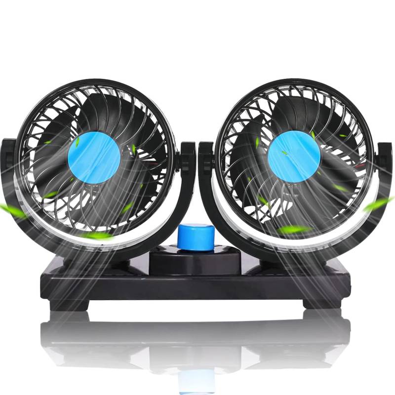 12V Auto Ventilator, 360° Drehbarer 4" Doppelkopf Lüfter mit 2 Geschwindigkeiten, Leise Elektrischer Lüfter für LKWs, Boote, SUVs, Wohnmobile – Sommerkühlung für Fahrzeuge von Cherubfunz