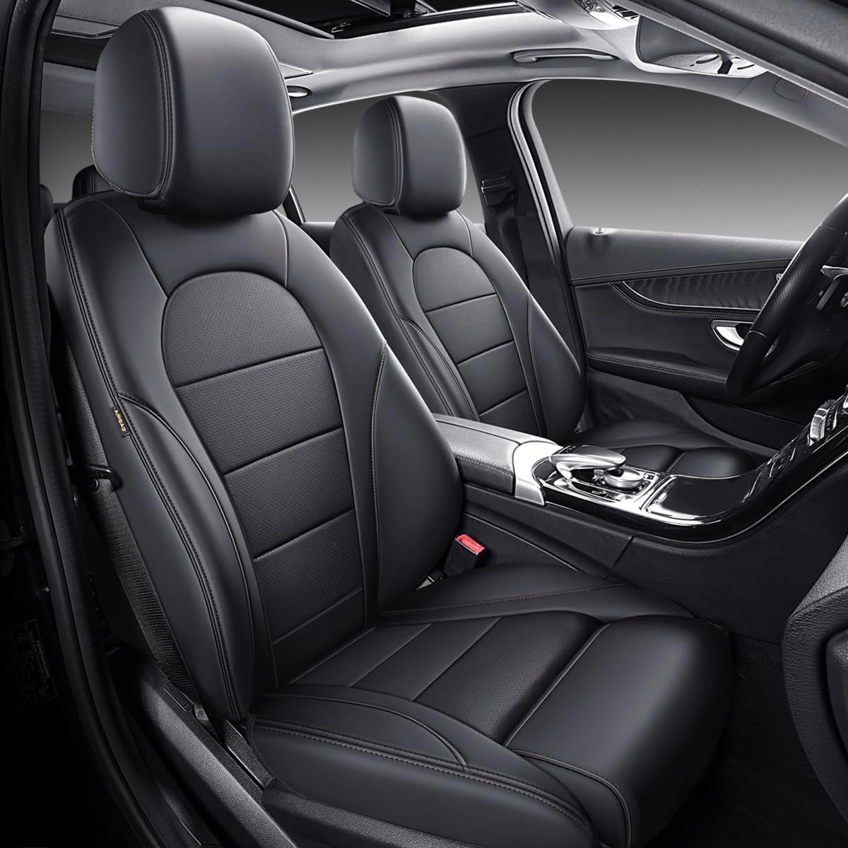 Chifeng Vordersitze 2 Stück Autositzbezüge Set kompatibel mit Mercedes-Benz C Klasse 2016-2020, wasserdicht PU Leder Sitzschoner Auto Kompatibler Airbag (schwarz) von Chifeng