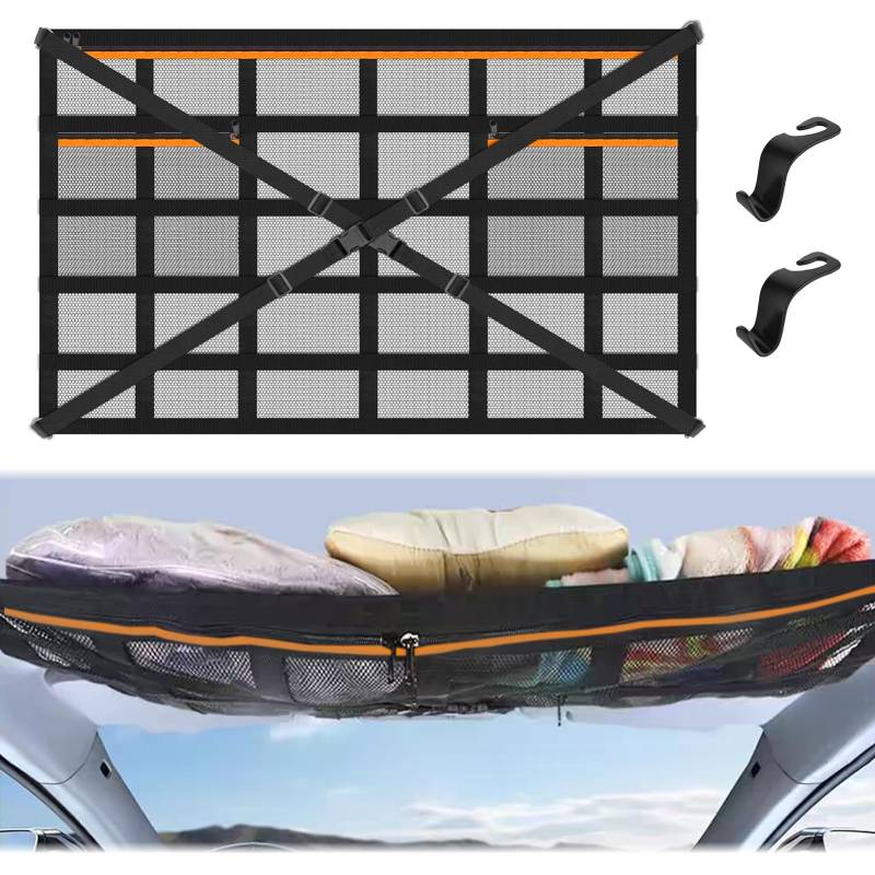 Autodach Gepäcknetz Decke 90cmx65cm, Gepäcknetz Kfz mit Verstellbare Kreuzgurte 2 Häkchen, Reißverschlusstaschen für Vier Dach Armlehnen auf Autos, Jeeps, SUV von Chingcoo