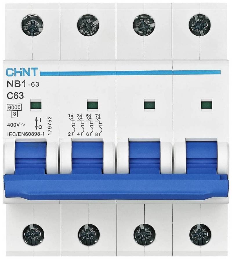 Chint NB1-63C4P06 Miniatur-Sicherungsschalter, 6 A, 4-polig, C-Curve, 6 kA von Chint