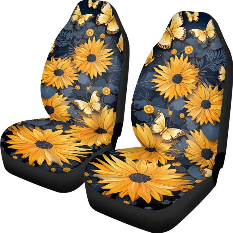 Chririnla Auto-Sitzbezug mit Sonnenblumen- und Schmetterlings-Druck, gemütlich, 2 Stück, Autozubehör mit Vorderantrieb, Schutzzubehör für Damen von Chririnla