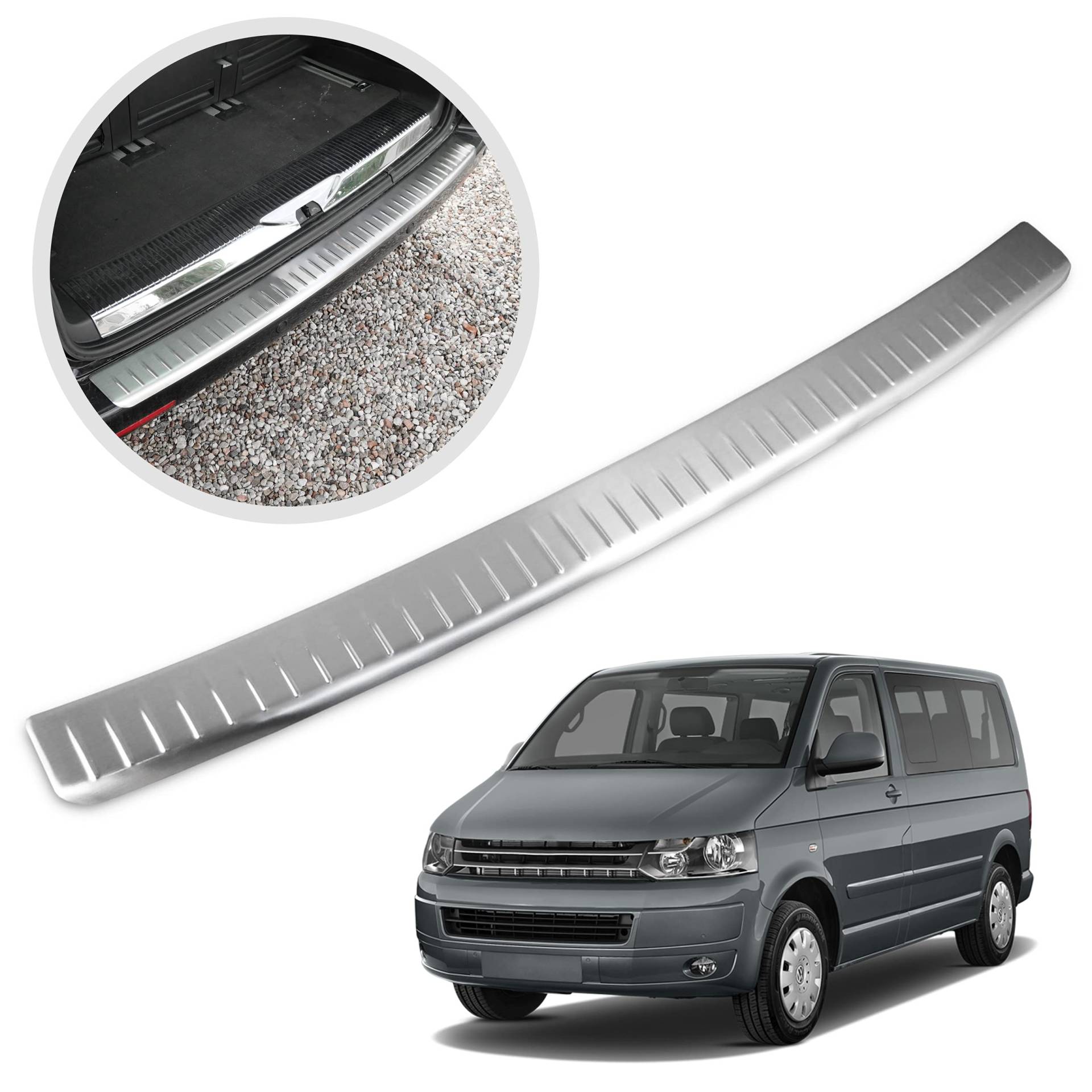 CHROMEMASTER | Ladekantenschutz Stoßstangenschutz | Kompatibel mit VW T5 2003-2015; Gebürsteter Edelstahl, Silber Matt; Unsere Lackschutzleiste Sichert den Heckstoßfänger vor Kratzern von CHROMEMASTER