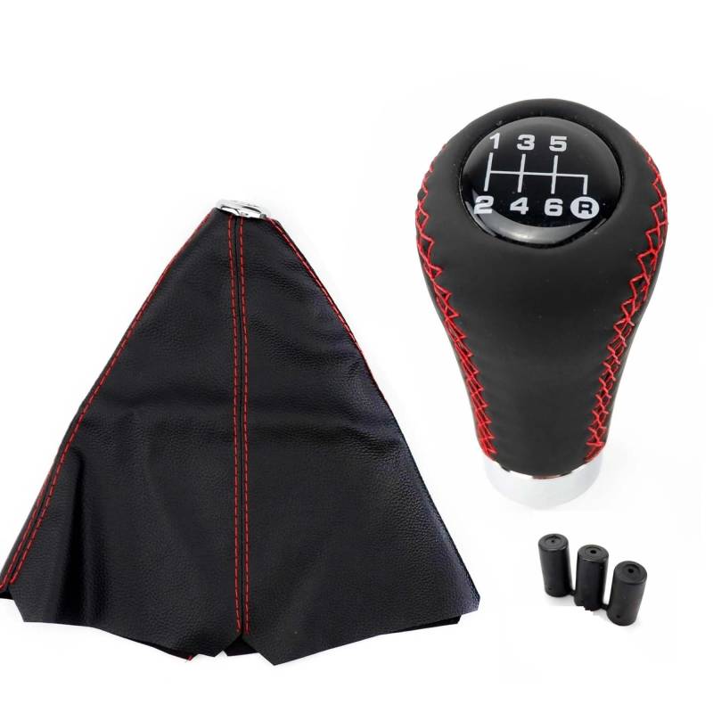 Auto Schalthebel Universal Auto Schaltknauf Schalthebelmanschette Set 5/6 Gang Handschalthebel Schwarz Rote Linie Stitche PU Leder Schaltknauf Schalthebel(6 Speed Red Line) von Chwqfuhf