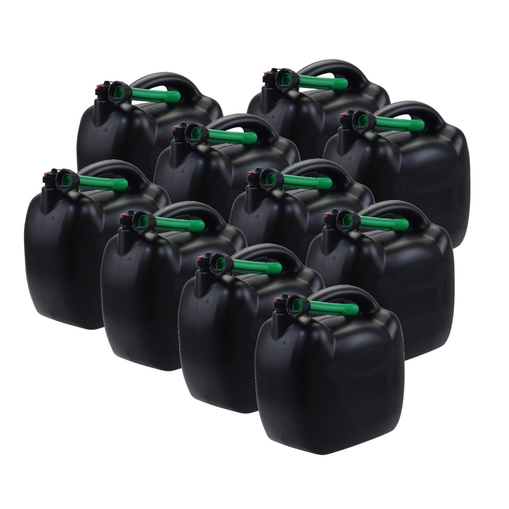 10x Benzinkanister 20L schwarz Kunststoff mit Einfüllschlauch grün, UN-Zulassung von Citomerx
