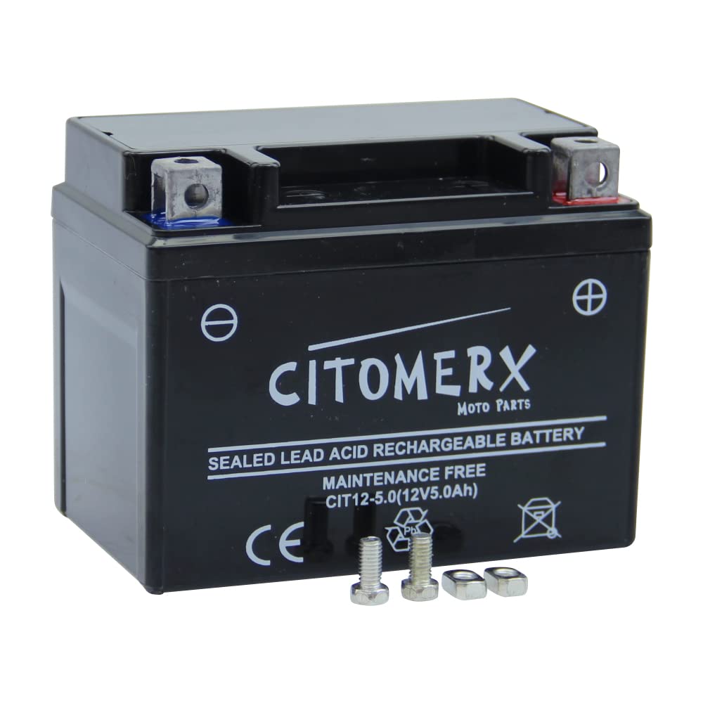 Batterie wartungsfrei 12V 5AH YB4L-B, YTX4L-BS, YT4L-B kompatibel mit Peugeot Ludix 50 LC Blaster 10 Zoll 2005-2007 von Citomerx