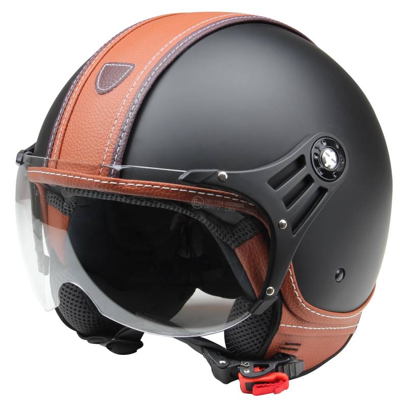 Motorradhelm Jethelm Rollerhelm CMX Hazel Größe L matt schwarz mit braunem Leder und klarem Visier von Citomerx