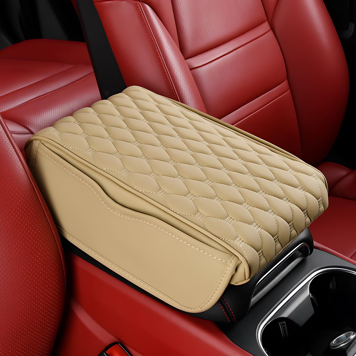 Civenhhd Auto-Armlehnen-Pad, Universal-Armlehnenkissen, Leder-Armlehnen-Kastenpolster, wasserdichte Auto-Armlehnen-Mittelkonsolen-Abdeckung, Armlehnen-Pad, Aufbewahrungstasche (einfacher Stil, Beige) von Civenhhd