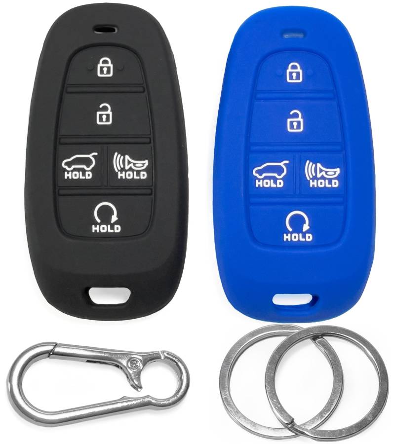 Click&Fit Silikon Autoschlüssel-Hüllen kompatibel mit Hyundai 2021-2024 Tucson, Santa Fe, Palisade, Sonata, IONIQ 5, Santa Cruz, Nexo - Kfz-Schlüsselschutz 5-Tasten, 2pcs, Schwarz+Blau von Click&Fit