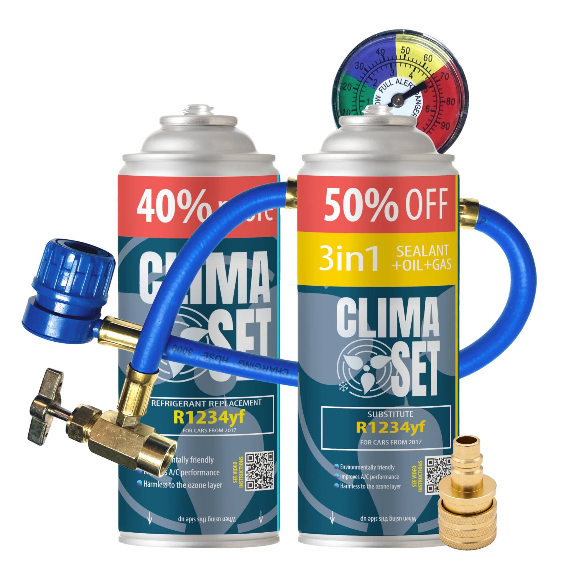 ClimaSet 3in1 R1234yf Kältemittel Ersatzgas - Kühlmittel Klima Auto mit Klima Dichtmittel und Öl - Gasflasche 2x235 g Auto Klimaanlage Nachfüllset - Klimaanlage Wohnmobil - Klimaanlage Schlauch ClimaSet 3in1 R1234yf Kältemittel Ersatzgas - Kühlmittel Klima Auto mit Klima Dichtmittel und Öl - Gasflasche 2x235 g Auto Klimaanlage Nachfüllset - Klimaanlage Wohnmobil - Klimaanlage Schlauch von Clima Set