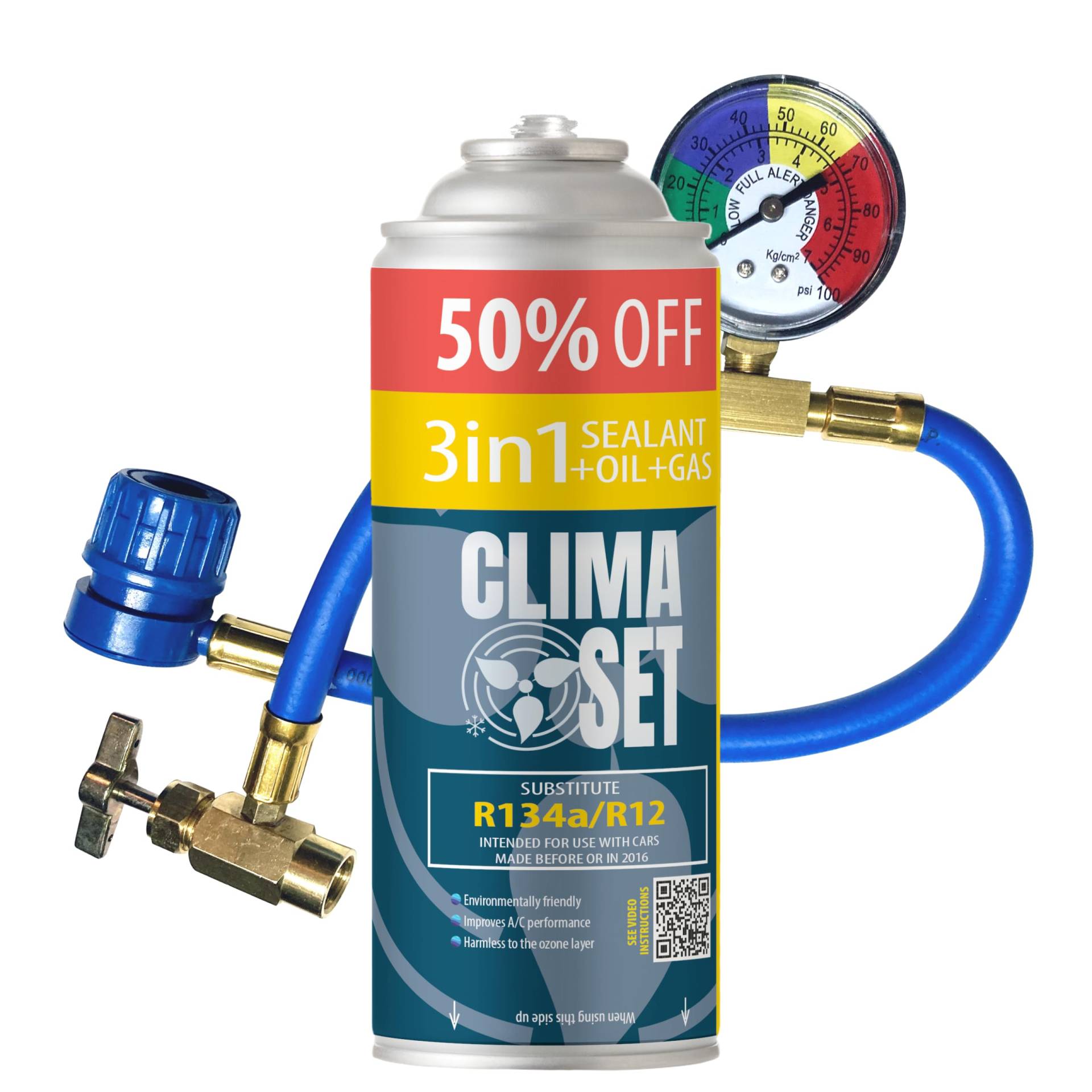 ClimaSet 3in1 R134a Kältemittel Ersatzgas - Kühlmittel Klima Auto mit Klima Dichtmittel und Öl - Gasflasche 1x235 g Auto Klimaanlage Nachfüllset - Klimaanlage Wohnmobil Klimaanlage Schlauch ClimaSet 3in1 R134a Kältemittel Ersatzgas - Kühlmittel Klima Auto mit Klima Dichtmittel und Öl - Gasflasche 1x235 g Auto Klimaanlage Nachfüllset - Klimaanlage Wohnmobil Klimaanlage Schlauch von Clima Set