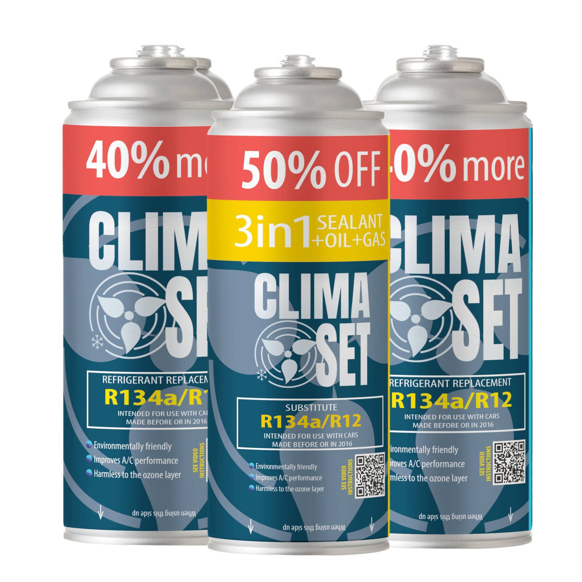 ClimaSet 3in1 R134a Kältemittel Ersatzgas - Kühlmittel Klima Auto mit Klima Dichtmittel und Öl - Gasflasche 3x235 g - Auto Klimaanlage Nachfüllset - Klimaanlage Wohnmobil - ECO ClimaSet 3in1 R134a Kältemittel Ersatzgas - Kühlmittel Klima Auto mit Klima Dichtmittel und Öl - Gasflasche 3x235 g - Auto Klimaanlage Nachfüllset - Klimaanlage Wohnmobil - ECO von Clima Set