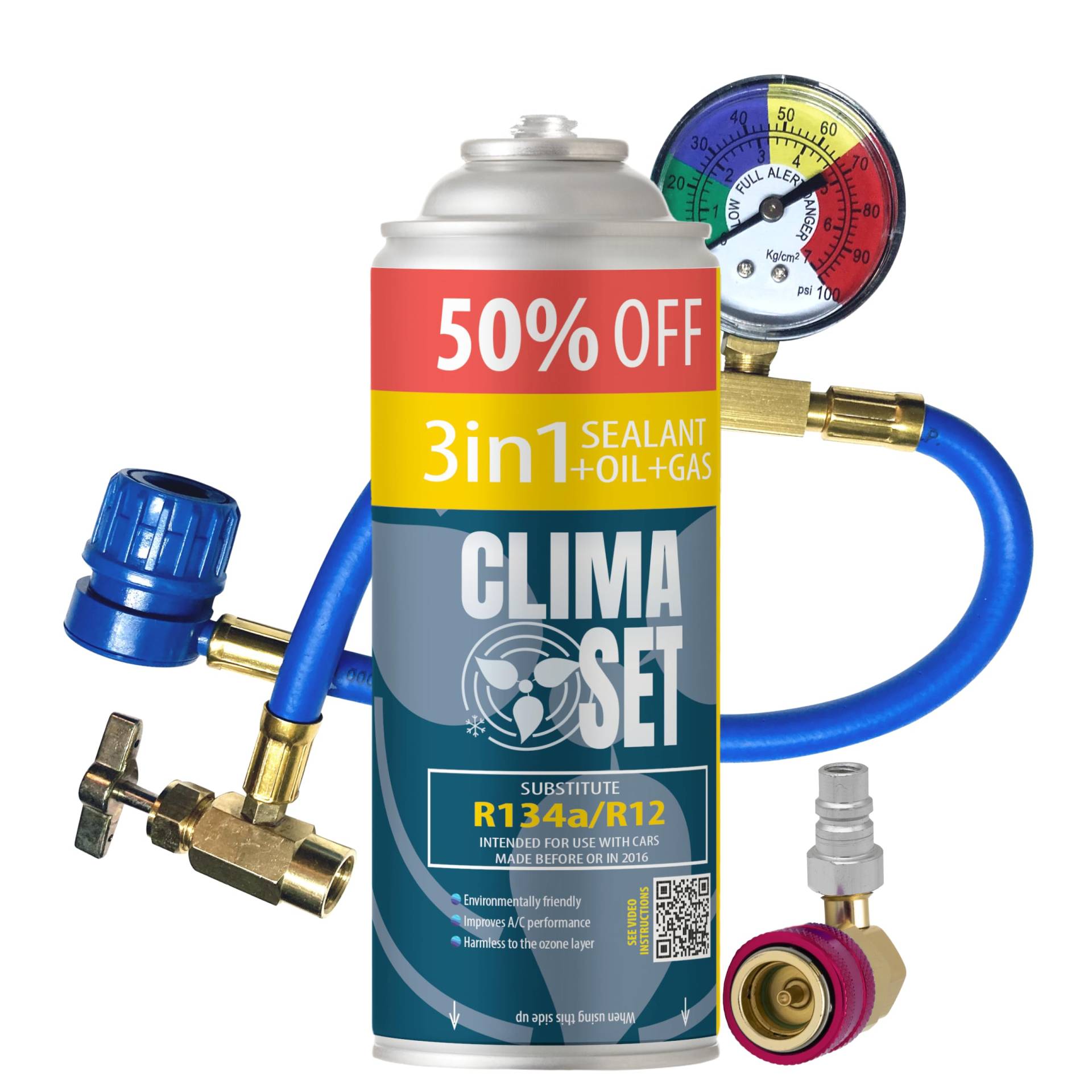 ClimaSet 3in1 R134a kältemittel Ersatzgas - Kühlmittel Klima Auto - Gasflasche 1x235 g Auto Klimaanlage Nachfüllset - Wohnmobil - Klimaanlage Schlauch - Manometer Klimaanlage - ECO ClimaSet 3in1 R134a kältemittel Ersatzgas - Kühlmittel Klima Auto - Gasflasche 1x235 g Auto Klimaanlage Nachfüllset - Wohnmobil - Klimaanlage Schlauch - Manometer Klimaanlage - ECO von Clima Set