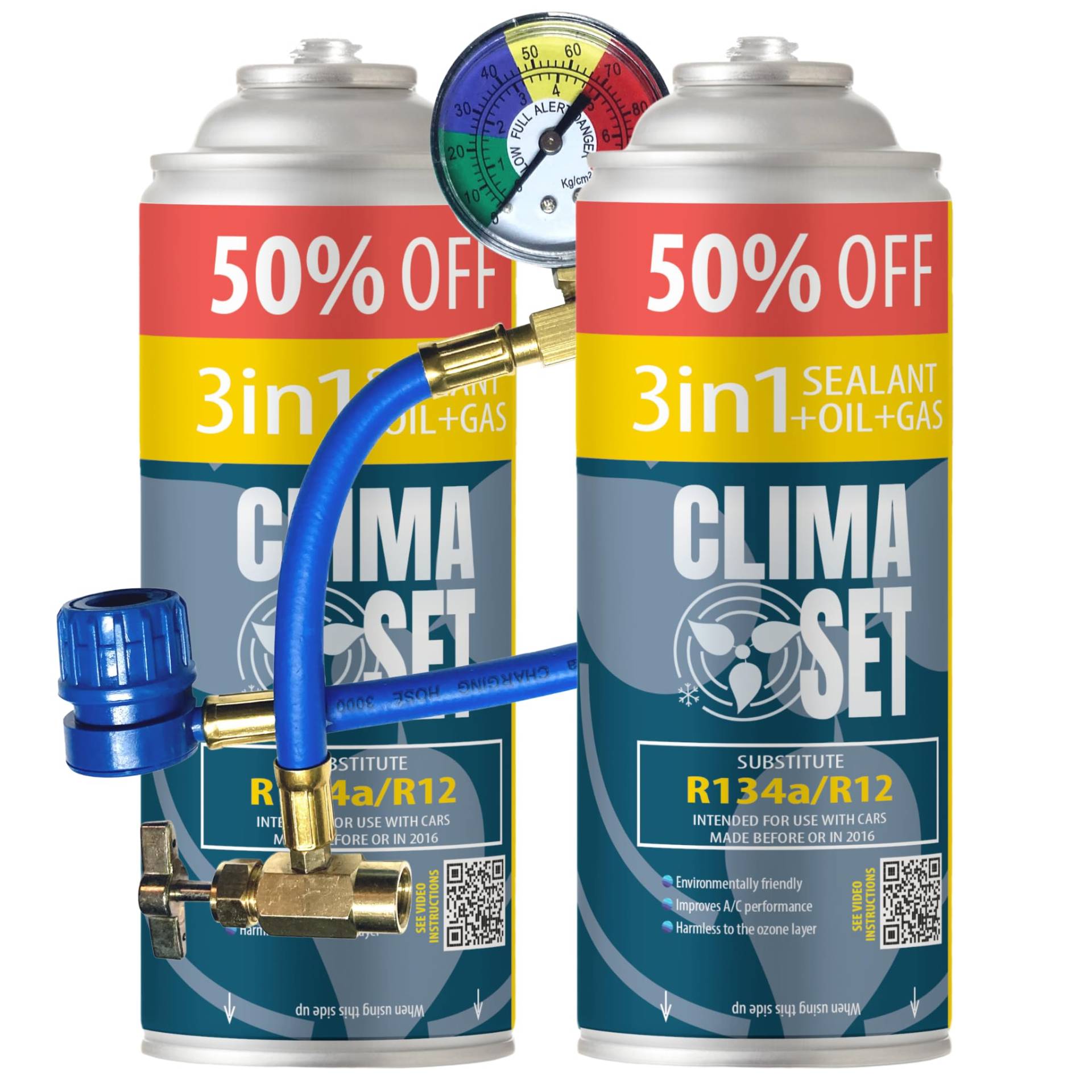 ClimaSet 3in1 R134a kältemittel Ersatzgas - Kühlmittel Klima Auto - Gasflasche 2x235 g Auto Klimaanlage Nachfüllset - Wohnmobil - Klimaanlage Schlauch - Manometer Klimaanlage - ECO ClimaSet 3in1 R134a kältemittel Ersatzgas - Kühlmittel Klima Auto - Gasflasche 2x235 g Auto Klimaanlage Nachfüllset - Wohnmobil - Klimaanlage Schlauch - Manometer Klimaanlage - ECO von Clima Set