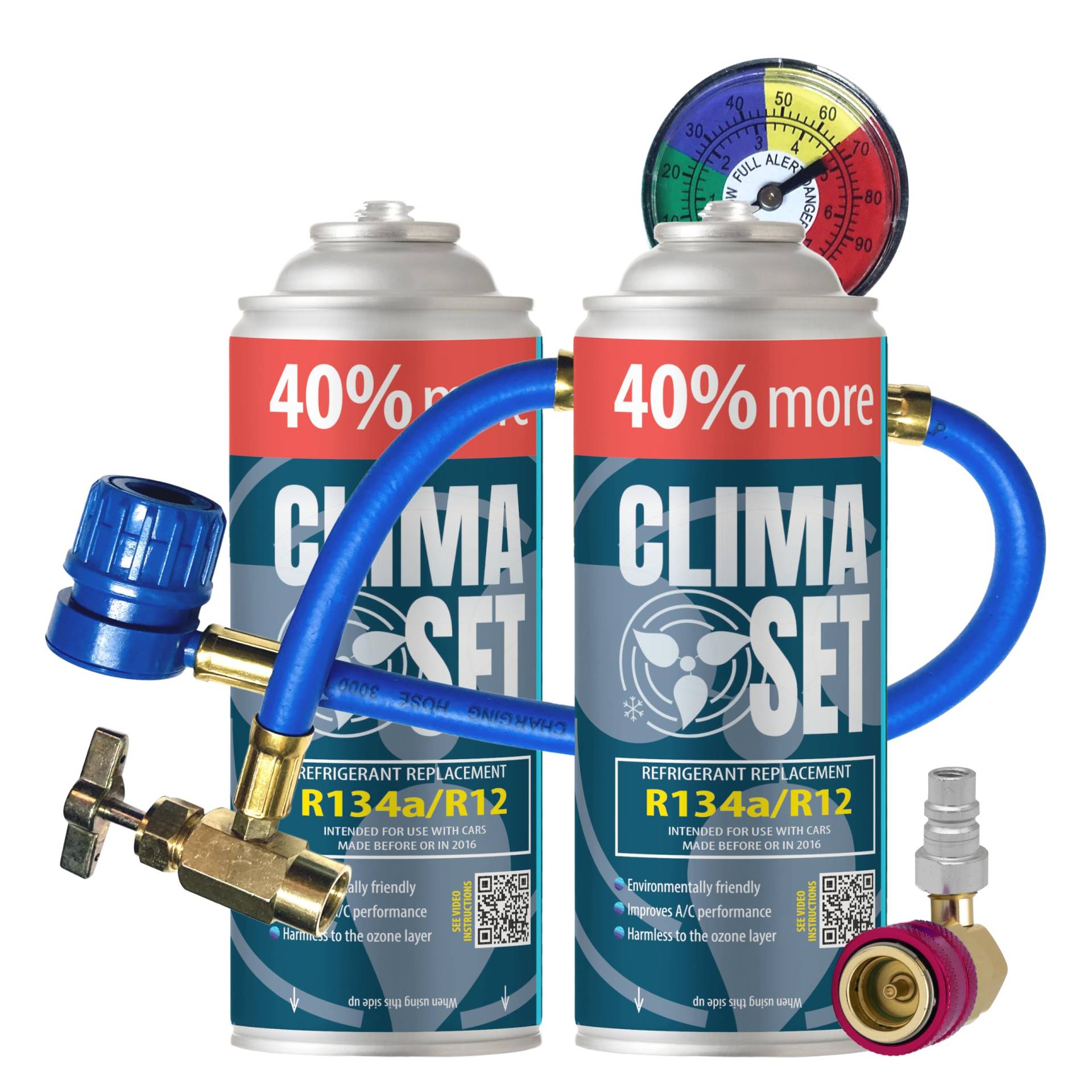 ClimaSet R134a kältemittel Ersatzgas - Kühlmittel Klima Auto - Gasflasche 2x235 g Auto Klimaanlage Nachfüllset - Wohnmobil - Klimaanlage schlauch - Manometer Klimaanlage - ECO ClimaSet R134a kältemittel Ersatzgas - Kühlmittel Klima Auto - Gasflasche 2x235 g Auto Klimaanlage Nachfüllset - Wohnmobil - Klimaanlage schlauch - Manometer Klimaanlage - ECO von Clima Set