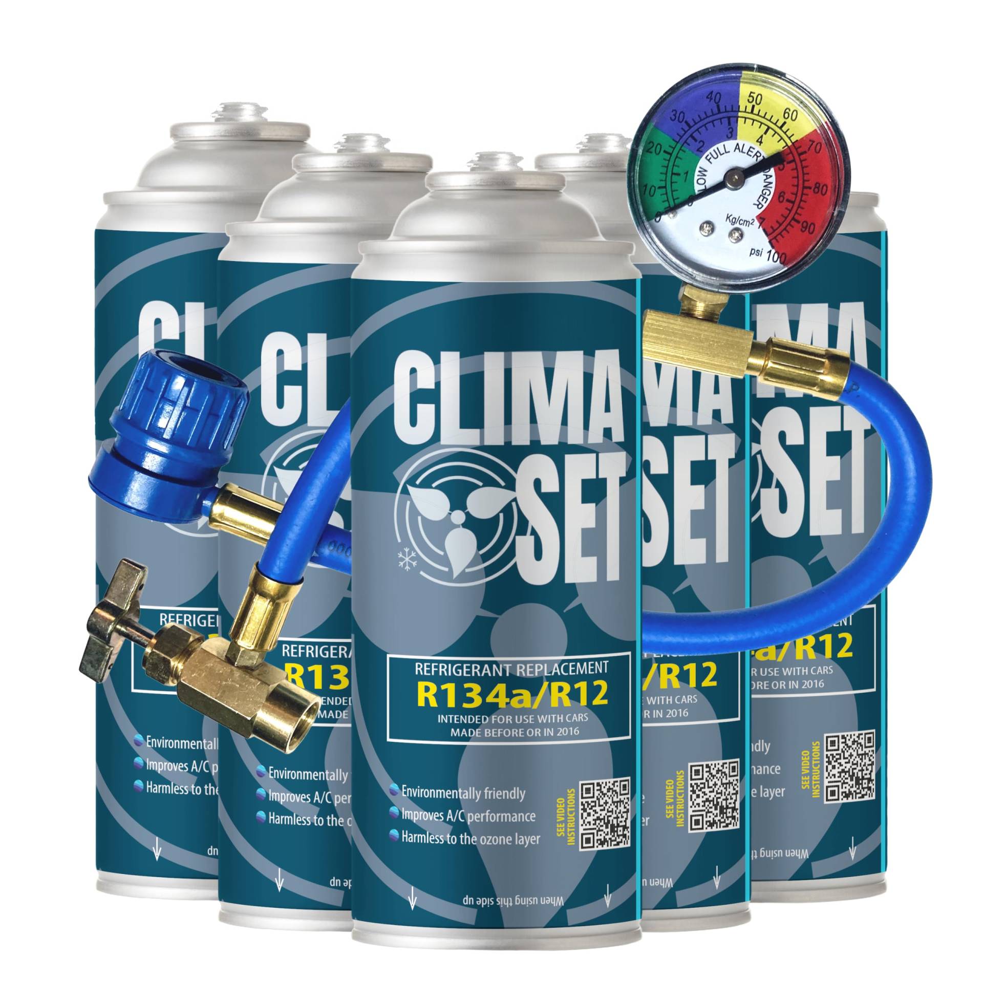 ClimaSet R134a kältemittel Ersatzgas - Kühlmittel Klima Auto - Gasflasche 5x170 g Auto Klimaanlage Nachfüllset - Wohnmobil - Klimaanlage schlauch - Manometer Klimaanlage - ECO ClimaSet R134a kältemittel Ersatzgas - Kühlmittel Klima Auto - Gasflasche 5x170 g Auto Klimaanlage Nachfüllset - Wohnmobil - Klimaanlage schlauch - Manometer Klimaanlage - ECO von Clima Set