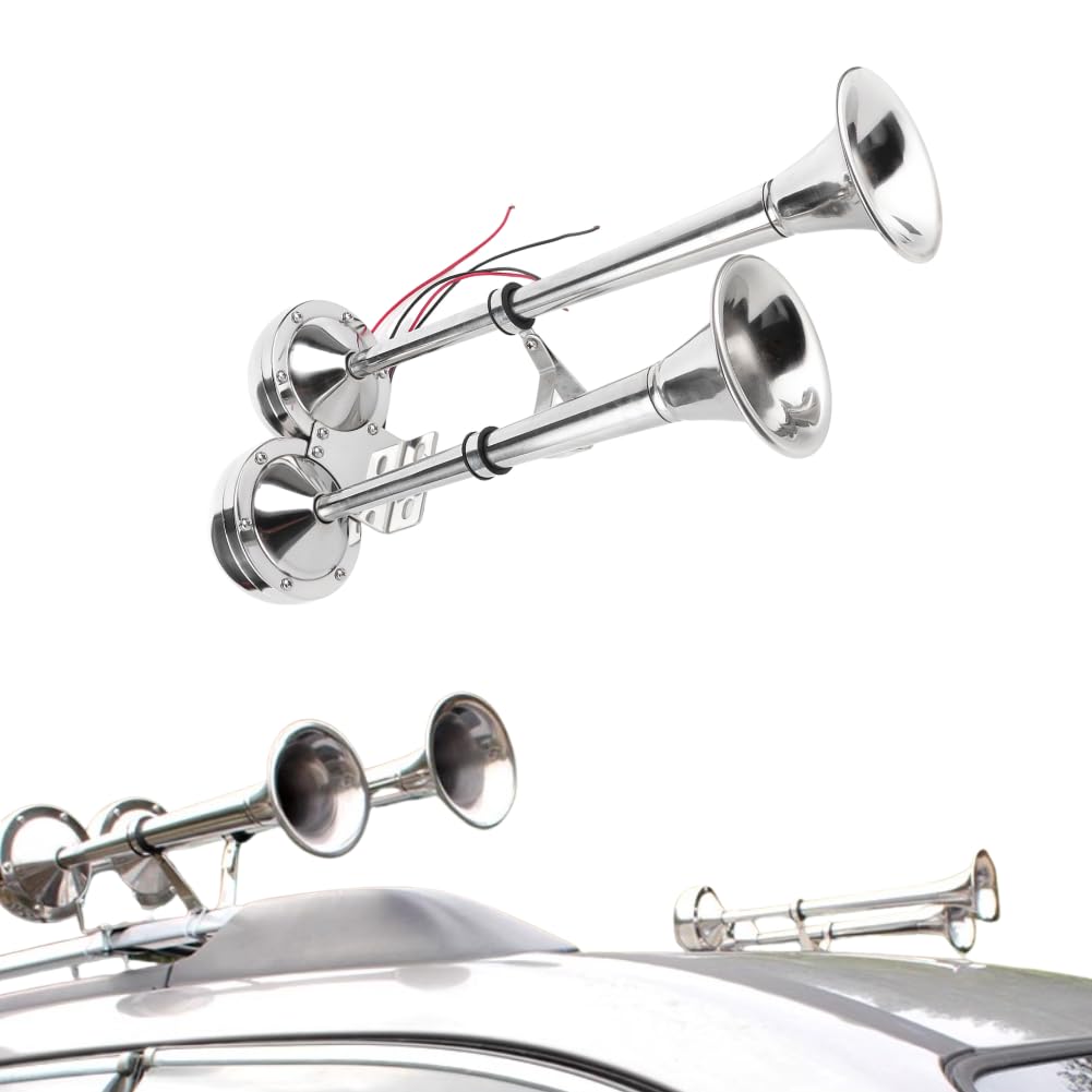 Drucklufthorn Elektrisches Boot Horn 12V Lufthorn Dual Trompete 125DB Doppeltrompete Kleines Druck Horn Lufthorn Edelstahl Elektrohorn Marine Grade 380Hz für Boote Autos Drucklufthorn Elektrisches Boot Horn 12V Lufthorn Dual Trompete 125DB Doppeltrompete Kleines Druck Horn Lufthorn Edelstahl Elektrohorn Marine Grade 380Hz für Boote Autos von Cocoarm