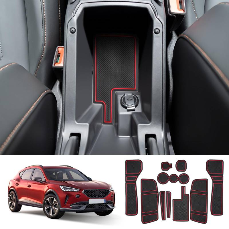 Coleya Antirutschmatten Kompatibel mit Cupra Formentor 2021-2024(Elektronische Automatik), Mittelkonsole Gummimatten Türnaht Matten Getränkehalter Matte, Formentor rutschfeste Matten (Rot) von Coleya
