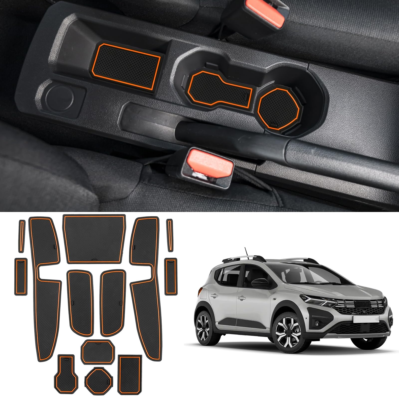 Coleya Antirutschmatten Kompatibel mit Dacia Sandero 3 Sandero Stepway 3 2021-2024, Mittelkonsole Gummimatten Türnaht Matten Getränkehalter Matte, Dacia Sandero Gummi rutschfeste Matten (Orange) von Coleya