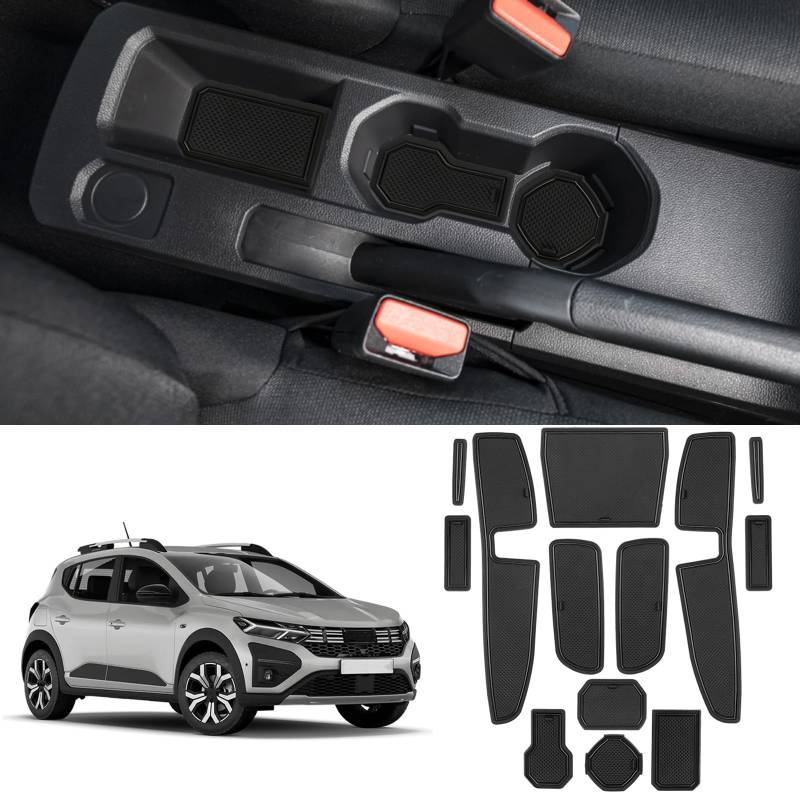 Coleya Antirutschmatten Kompatibel mit Dacia Sandero 3 Sandero Stepway 3 2021-2024, Mittelkonsole Gummimatten Türnaht Matten Getränkehalter Matte, Dacia Sandero Gummi rutschfeste Matten (Schwarz) von Coleya