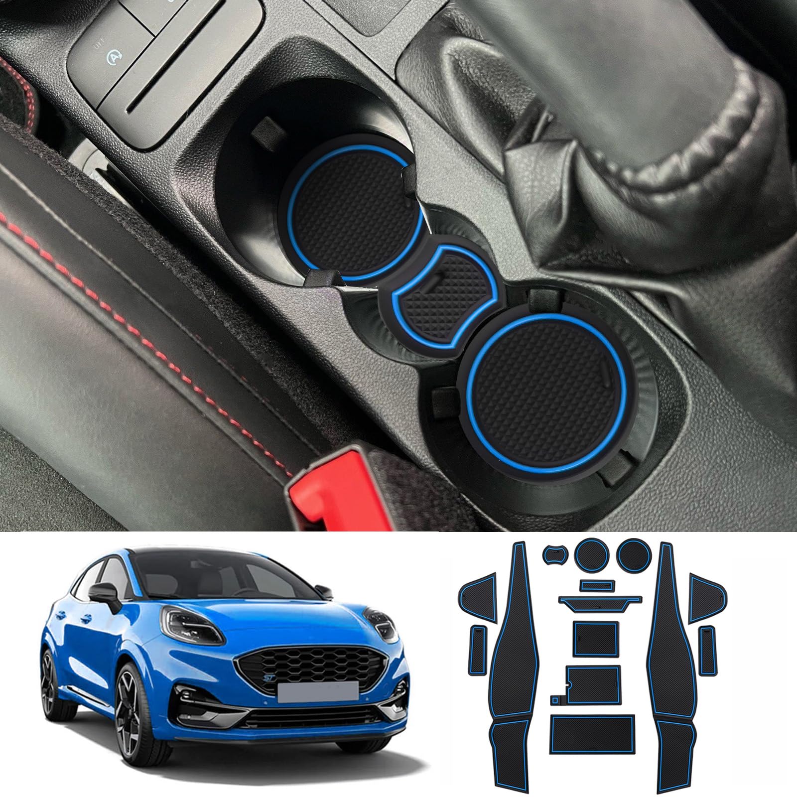 Coleya Antirutschmatten Kompatibel mit Ford Puma 2020-2024, Mittelkonsole Gummimatten Türnaht Matten Getränkehalter Matte, Ford Puma Zubehör Gummi rutschfeste Matten (Blau) von Coleya