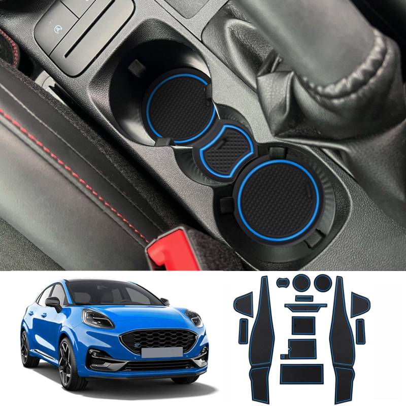 Coleya Antirutschmatten Kompatibel mit Ford Puma 2020-2024, Mittelkonsole Gummimatten Türnaht Matten Getränkehalter Matte, Ford Puma Zubehör Gummi rutschfeste Matten (Blau) von Coleya