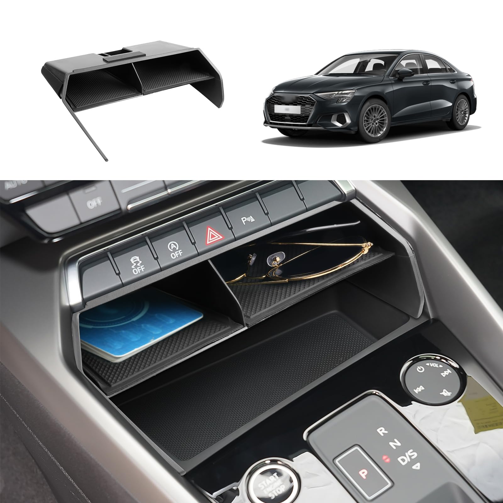 Coleya Mittelkonsole Aufbewahrungsbox Kompatibel mit Audi A3 8Y 2021 2022 2023, A3 8Y Zubehör Mittelarmlehne Handschuhfach, Audi A3 8Y Armlehne Organizer Mit Rutschfestermatte (Schwarz) von Coleya