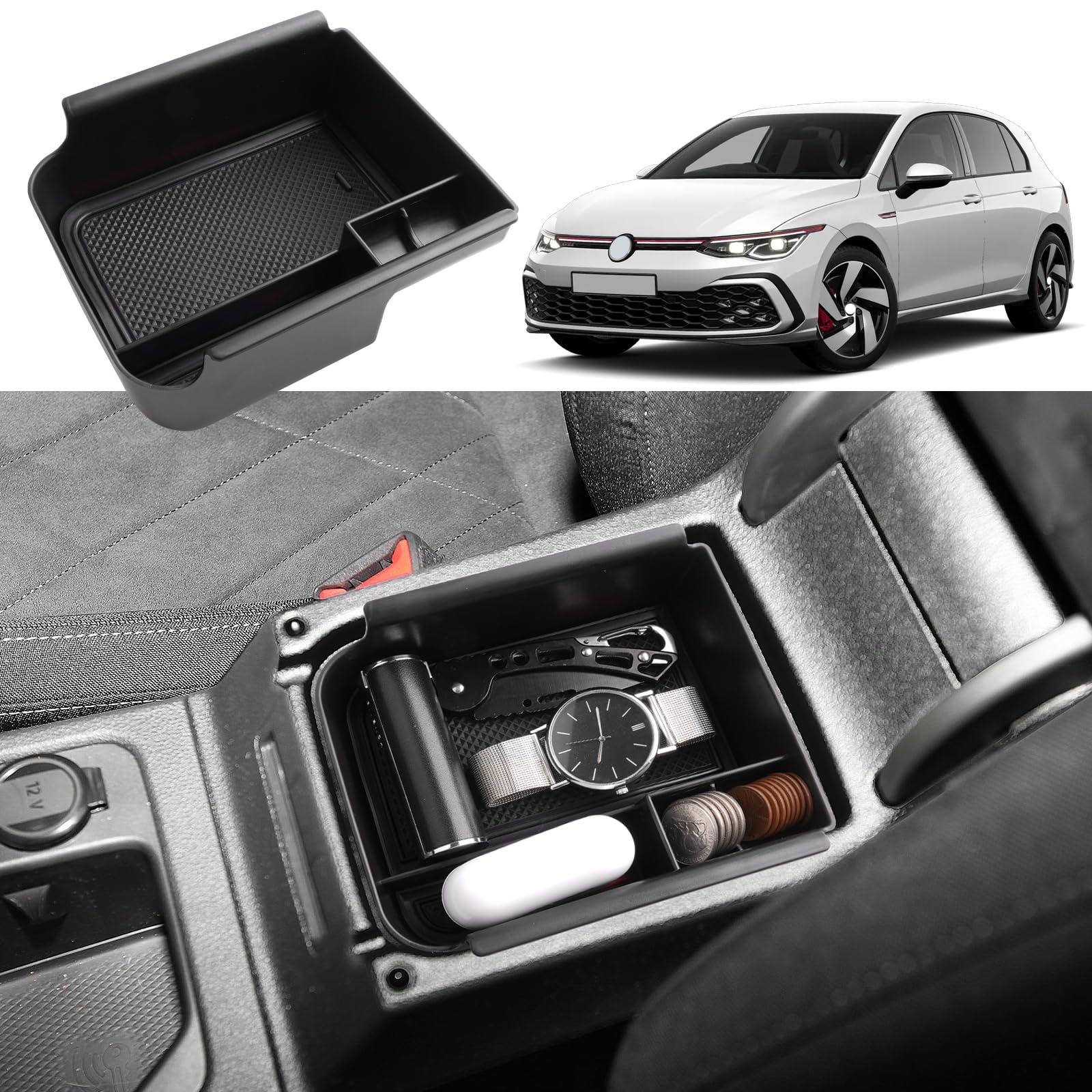 Coleya Mittelkonsole Aufbewahrungsbox Kompatibel mit VW Golf 8 8.5 GTI GTD GTE 2020-2025, Golf 8 Zubehör Armlehne Organizer, Golf 8 Mittelarmlehne Handschuhfach Mit Rutschfestermatte (Schwarz) von Coleya