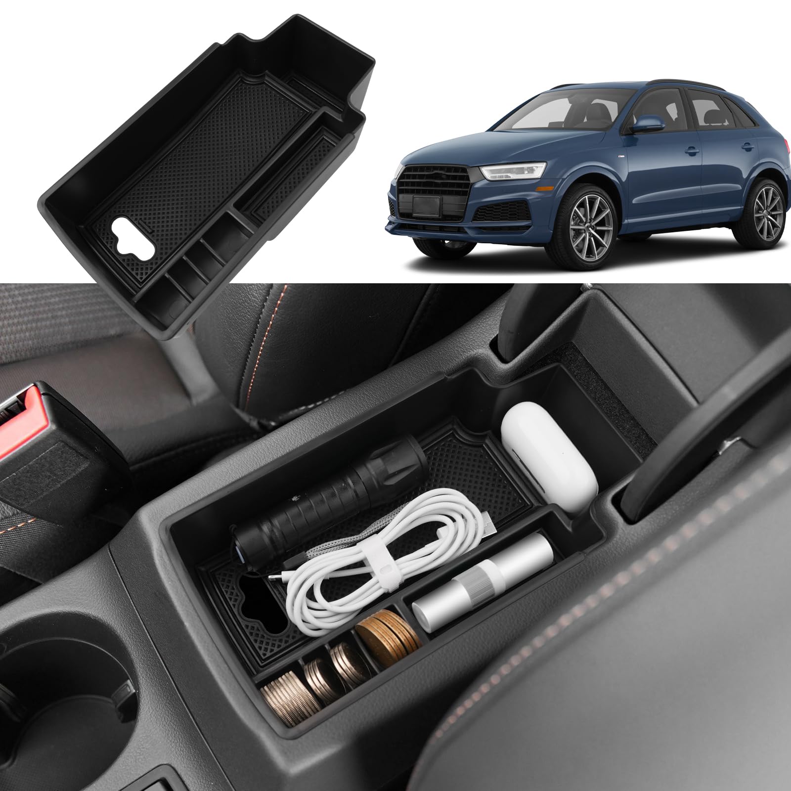 Coleya Mittelkonsole Aufbewahrungsbox Kompatibel mit Audi Q3 F3 2013-2018, Audi Q3 Zubehör Armlehne Organizer, Audi Q3 F3 Mittelarmlehne Handschuhfach Mit Rutschfestermatte (Schwarz) von Coleya