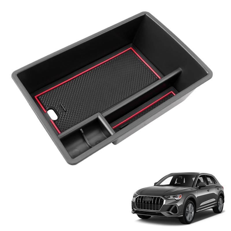 Coleya Mittelkonsole Aufbewahrungsbox Kompatibel mit Audi Q3 F3 2019-2024, Audi Q3 Zubehör Armlehne Organizer, Audi Q3 F3 Mittelarmlehne Handschuhfach Mit Rutschfestermatte (Rot) von Coleya