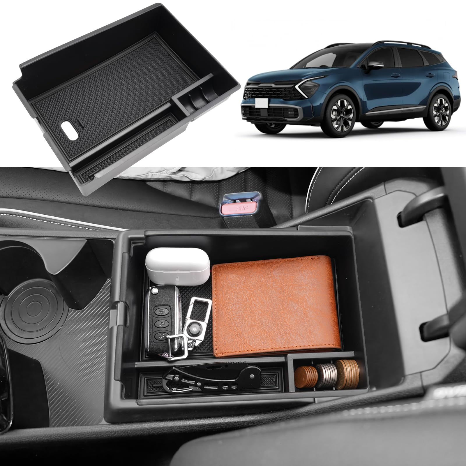 Coleya Mittelkonsole Aufbewahrungsbox Kompatibel mit Kia Sportage NQ5 2022 2023 2024 (AT), Sportage NQ5 Zubehör Armlehne Organizer, Mittelarmlehne Handschuhfach Mit Rutschfestermatte (Schwarz) von Coleya