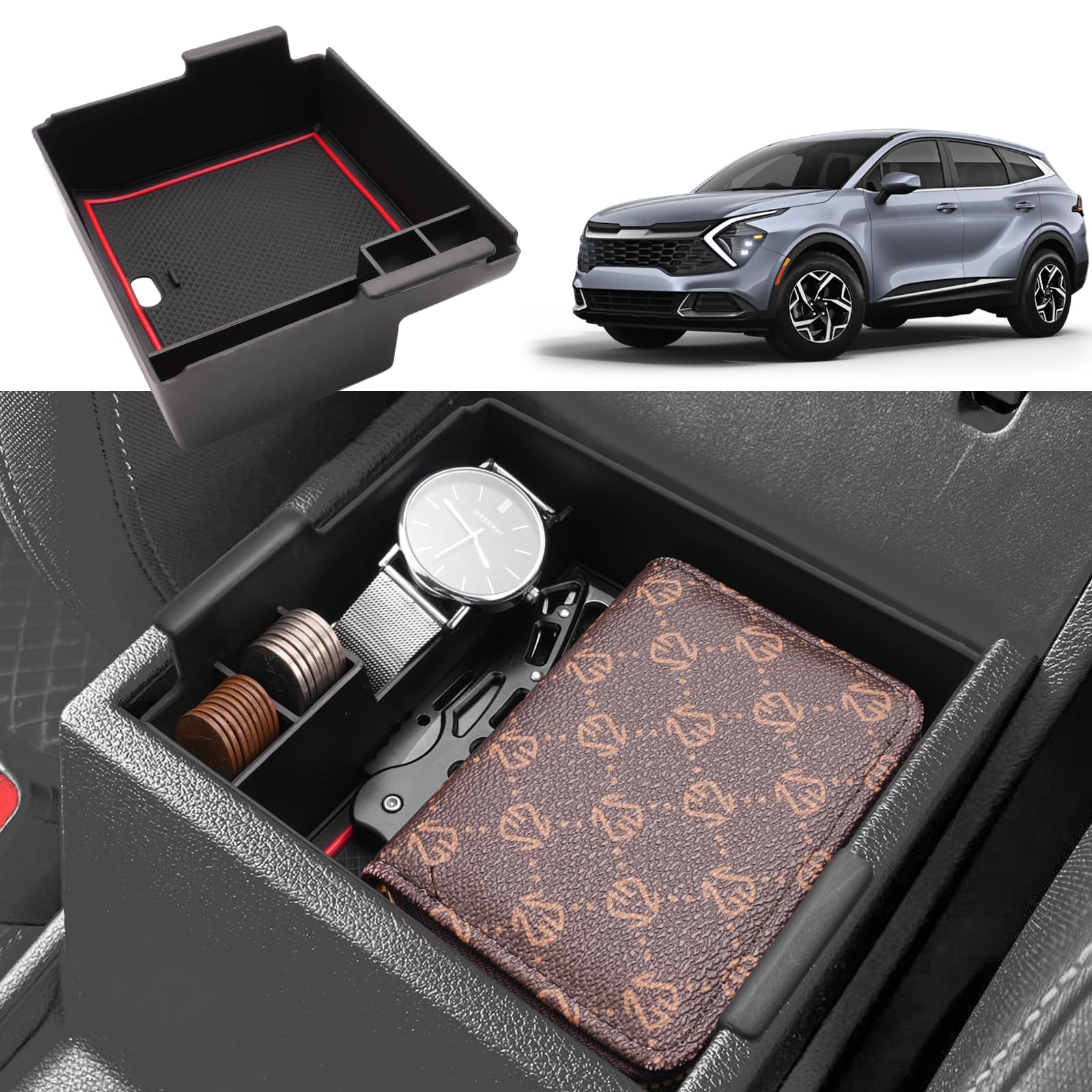 Coleya Mittelkonsole Aufbewahrungsbox Kompatibel mit Kia Sportage NQ5 2022 2023 2024 (MT), Sportage NQ5 Zubehör Armlehne Organizer, Mittelarmlehne Handschuhfach Mit Rutschfestermatte (Rot) von Coleya