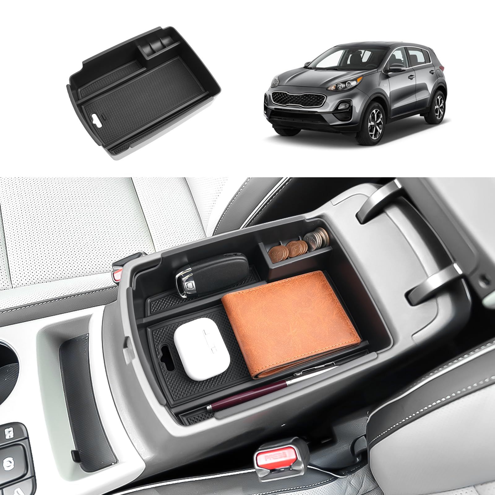Coleya Mittelkonsole Aufbewahrungsbox Kompatibel mit Kia Sportage QL 2016-2021 (AT), Kia Sportage QL Zubehör Armlehne Organizer, Mittelarmlehne Handschuhfach Mit Rutschfestermatte (Schwarz) von Coleya