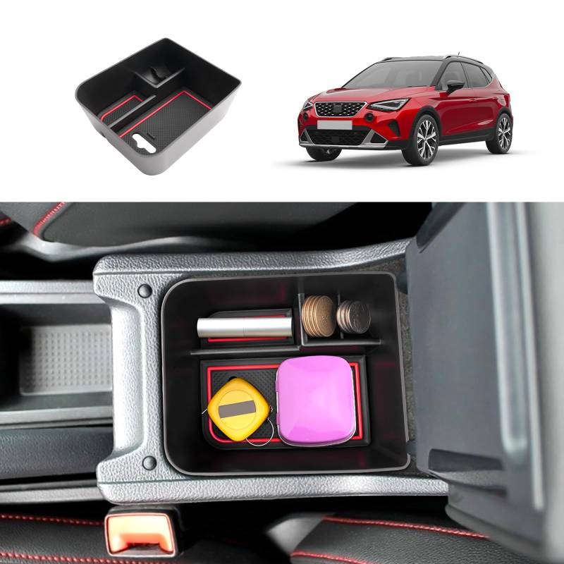 Coleya Mittelkonsole Aufbewahrungsbox Kompatibel Mit Seat Arona/Ibiza 2017-2024, Armlehne Organizer, Mittelarmlehne Handschuhfach Mit Rutschfestermatte (Rot) von Coleya