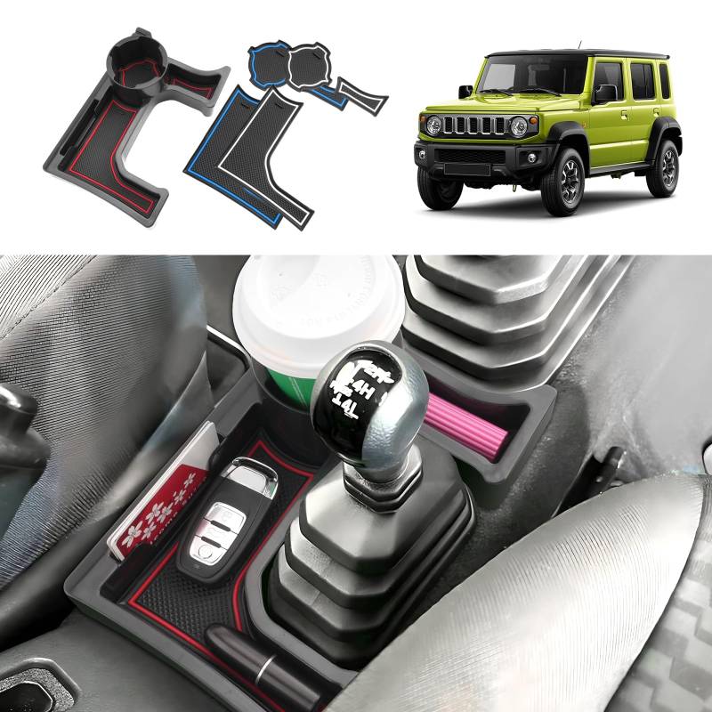 Coleya Mittelkonsole Aufbewahrungsbox Kompatibel mit Suzuki Jimny JB64 JB74 2018-2024 (MT), Jimny Zubehör Armlehne Organizer, Jimny Mittelarmlehne Handschuhfach Mit Rutschfestermatte (Rot+Blau+Weiß) von Coleya