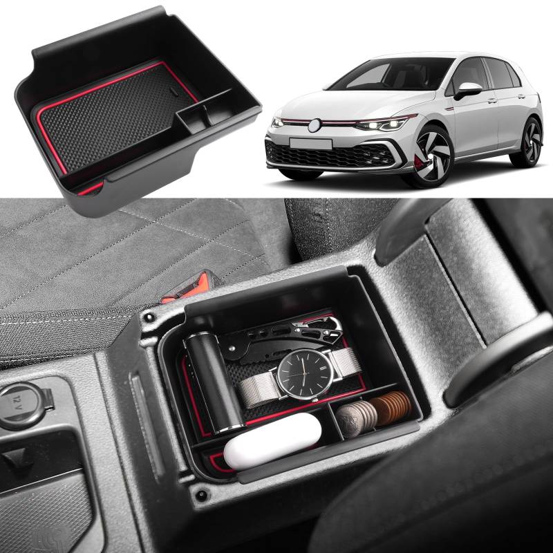 Coleya Mittelkonsole Aufbewahrungsbox Kompatibel mit VW Golf 8 8.5 GTI GTD GTE 2020-2025, Golf 8 Zubehör Armlehne Organizer, VW Golf 8 Mittelarmlehne Handschuhfach Mit Rutschfestermatte (Rot) von Coleya