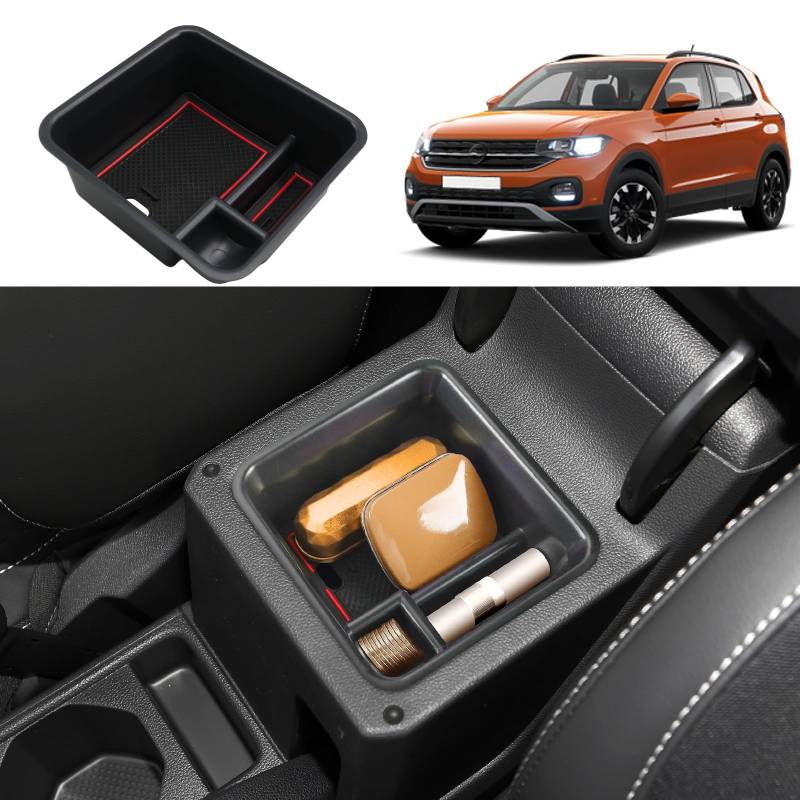 Coleya Mittelkonsole Aufbewahrungsbox Kompatibel mit VW T-Cross 2018-2024, T Cross Zubehör Armlehne Organizer, T-Cross Mittelarmlehne Handschuhfach Mit Rutschfestermatte (Rot) von Coleya