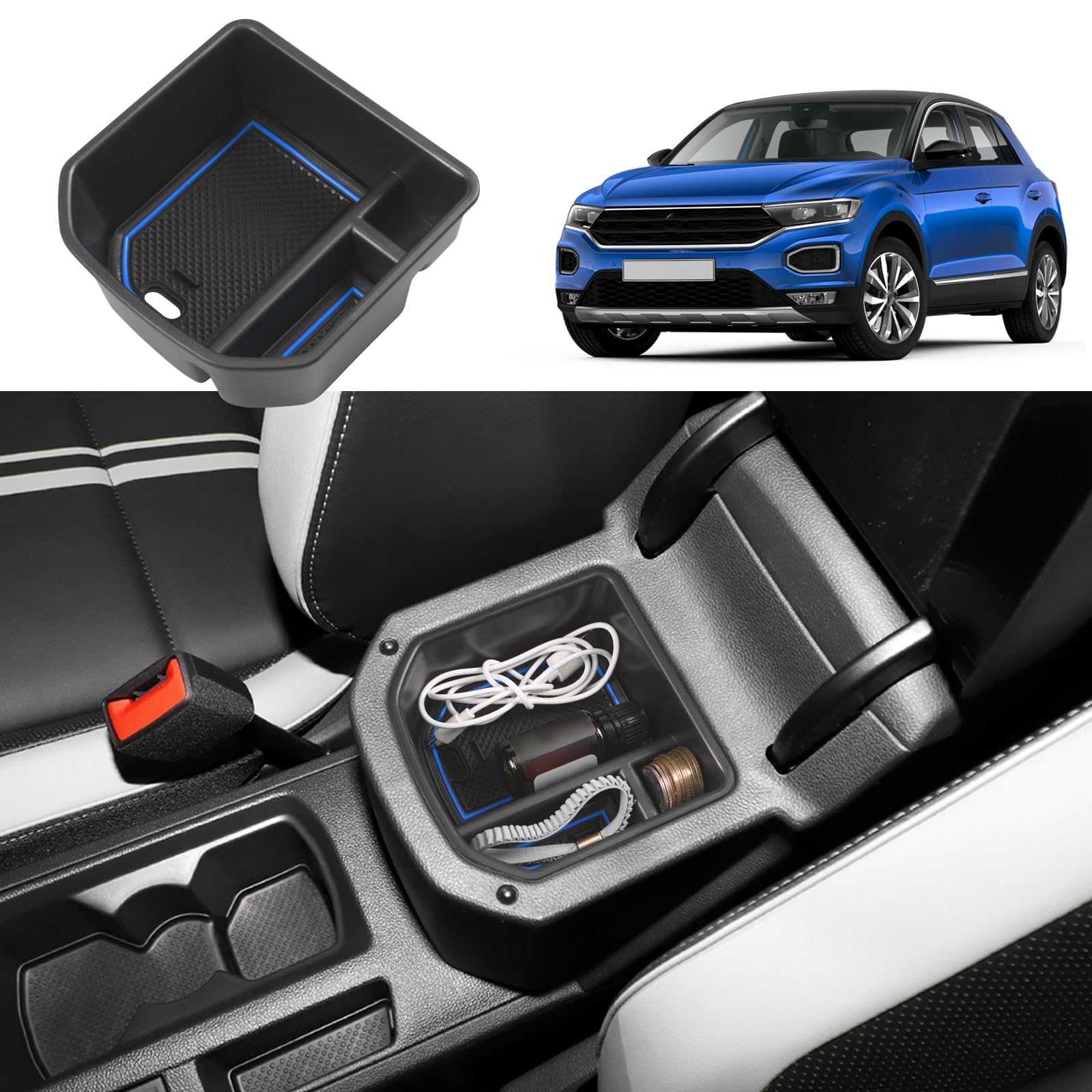 Coleya Mittelkonsole Aufbewahrungsbox Kompatibel mit VW T-ROC 2018-2024, T ROC Zubehör Armlehne Organizer, T-ROC Mittelarmlehne Handschuhfach Mit Rutschfestermatte (Blau) von Coleya