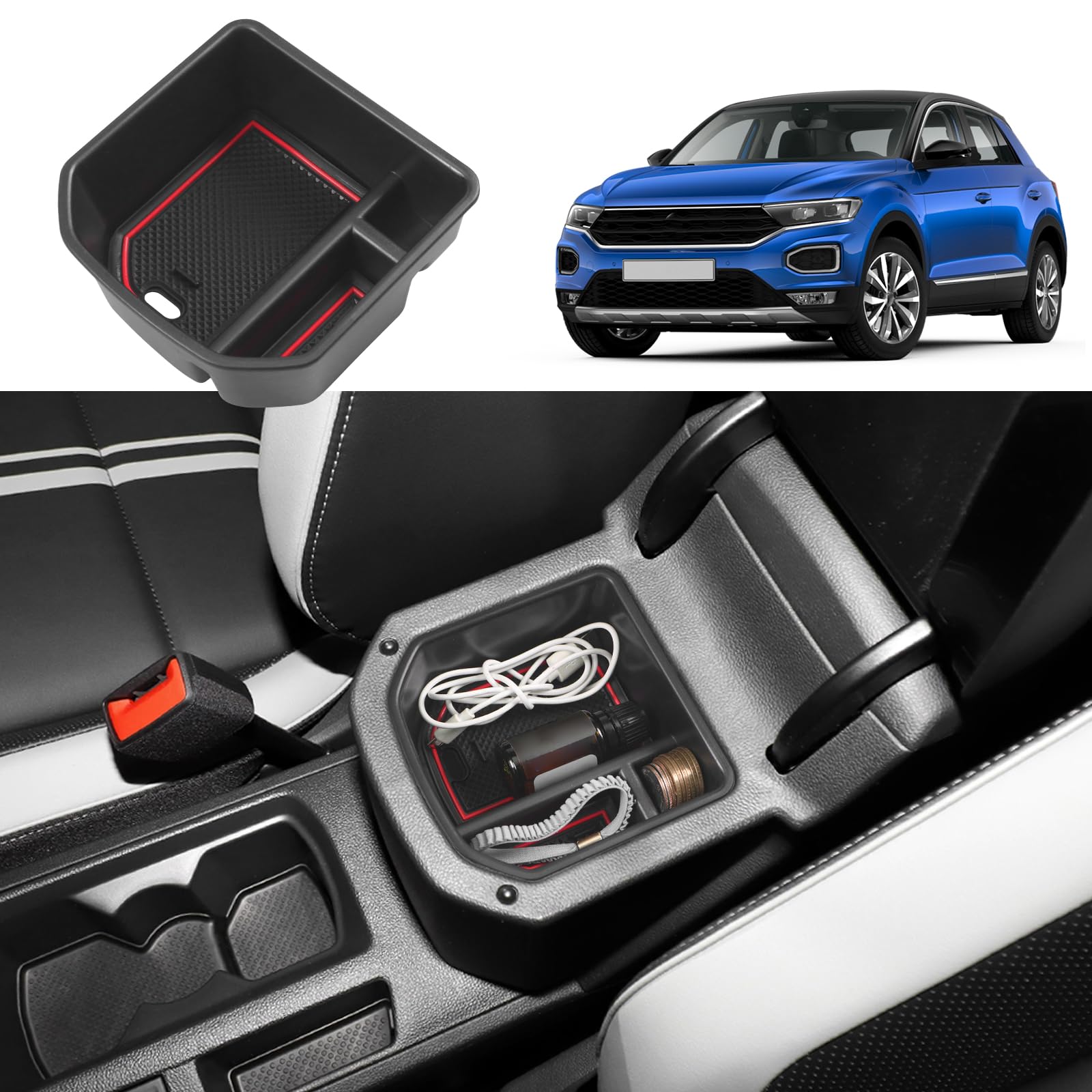 Coleya Mittelkonsole Aufbewahrungsbox Kompatibel mit VW T-ROC 2018-2024, T ROC Zubehör Armlehne Organizer, T-ROC Mittelarmlehne Handschuhfach Mit Rutschfestermatte (Rot) von Coleya