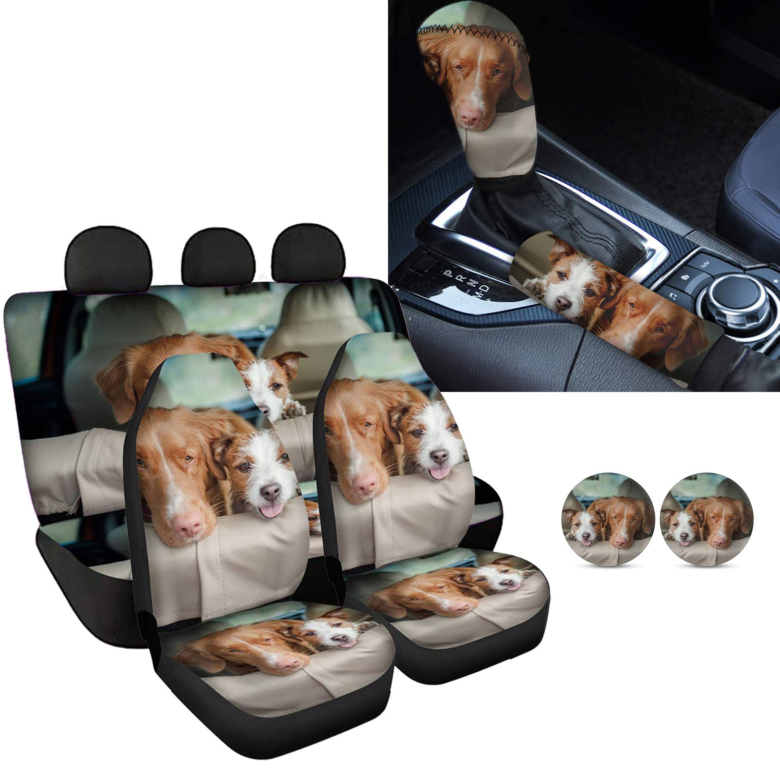 Coloranimal 7-teiliges Autositzbezug-Set mit Hundemotiv, 7-teilig, für die meisten Autos, Vans oder Limousinen, Handbremsenbezug und Schaltknauf-Bezug, Auto-Untersetzer von Coloranimal
