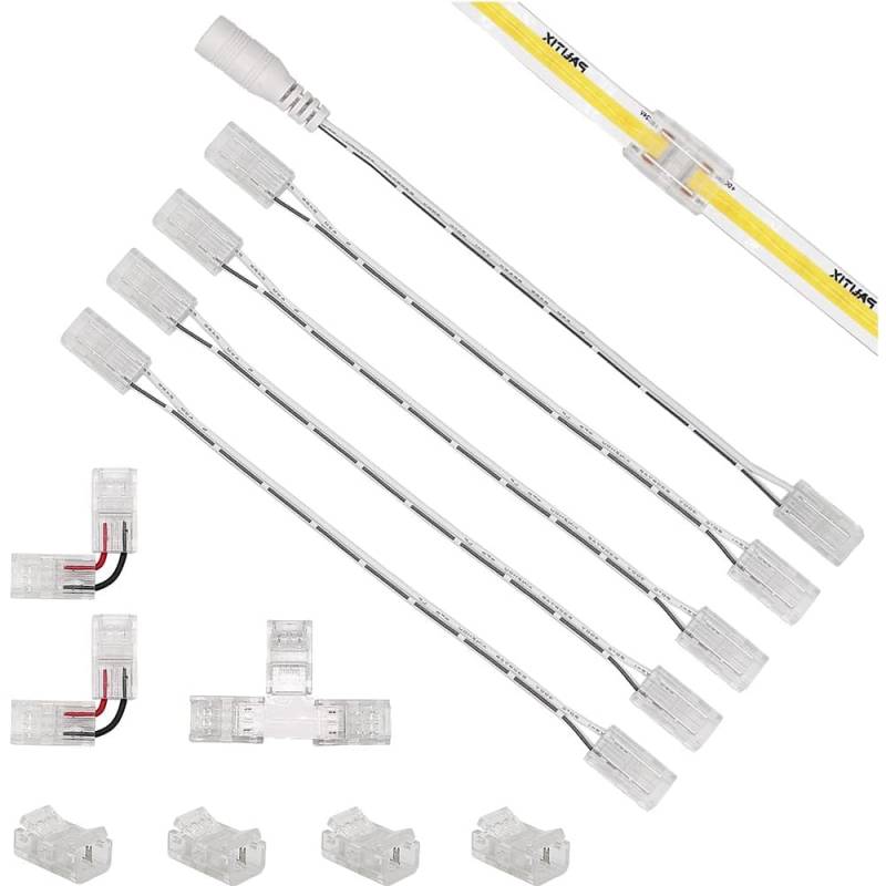 LED Streifen Verbinder,12 Stück led verbinder Set,inklusive 4 transparenten Mittelsteckern, 4 15 cm langen doppelseitigen Verlängerungskabeln, 2 L-förmigen, 1 T-förmigen und 1 DC-Buchse von Comforty