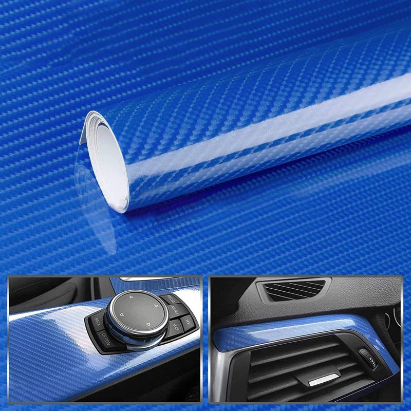 CompraFun Carbon Folie, 6D Selbstklebend Autofolie Vinyl Blau, Wasserdichter Auto Schutz Folie 150 * 30cm von CompraFun